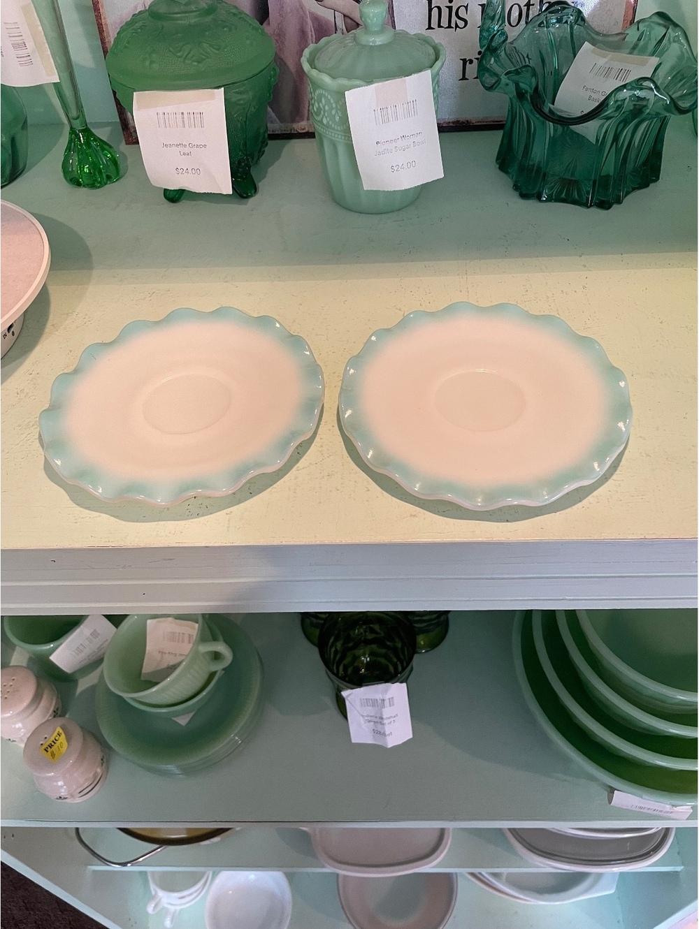 Hazel Atlas Vintage Blue Crinoline Saucers Set of 2 Ripple Milk Glass